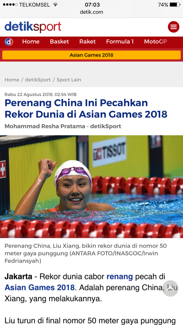 Perenang China Ini Pecahkan Rekor Dunia di Asian Games 2018