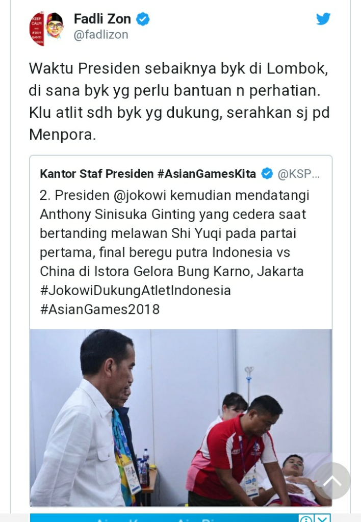 Kritik Jokowi Jenguk Anthony, Fadli: Presiden Baiknya Fokus di Lombok
