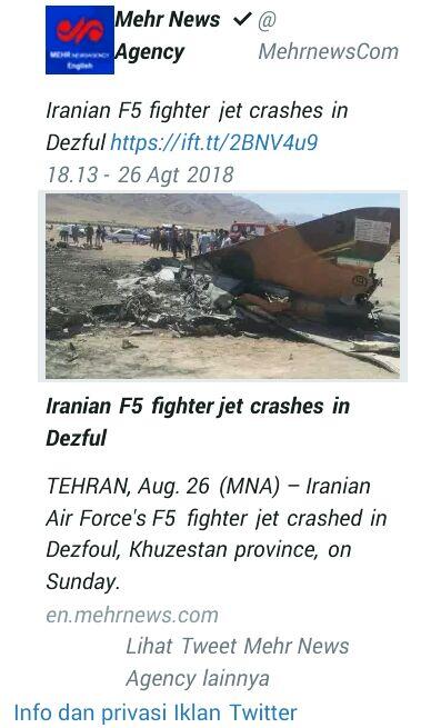 Jet Tempur F-5 Iran Jatuh saat Latihan, Seorang Pilot Tewas