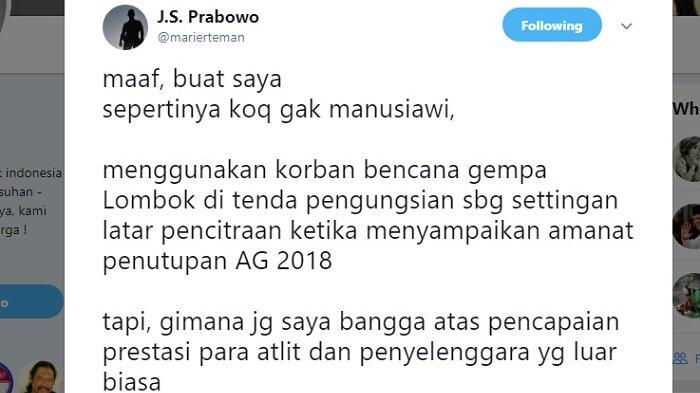 Jokowi Pada Penutupan Asian Games Suryo Prabowo: Maaf, Kok Sepertinya Gak Manusiawi