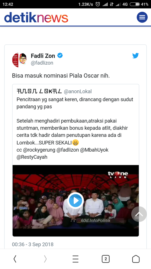 Fadli soal Video Jokowi Bareng Pengungsi di Lombok: Nominasi Oscar!