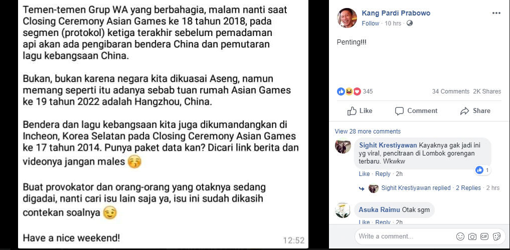 Bendera Cina dan Lagu Kebangsaan Cina di Penutupan Asian Games