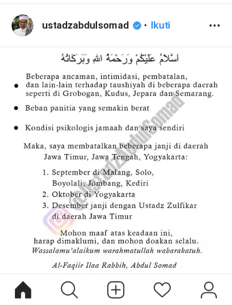 Ungkap Ada Ancaman, Ustaz Somad Batal Ceramah di Jateng-Jatim