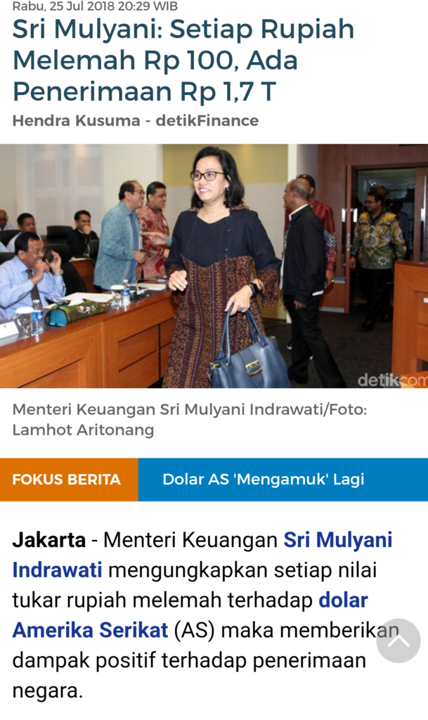Sri Mulyani: Pelemahan Rupiah Positif untuk APBN