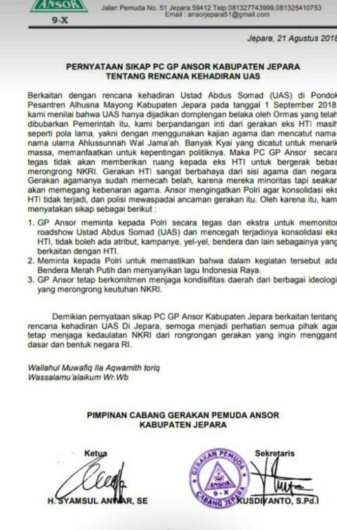 Isi Surat GP Ansor Jepara yang Tolak Kehadiran Ustaz Somad