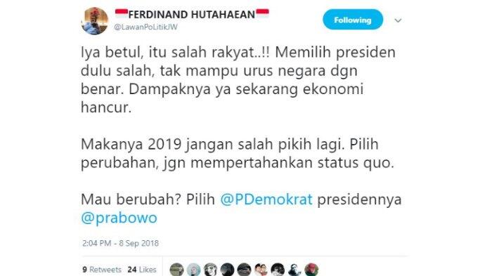 Ferdinand Hutahaean: Kehancuran Ekonomi adalah Salah Rakyat