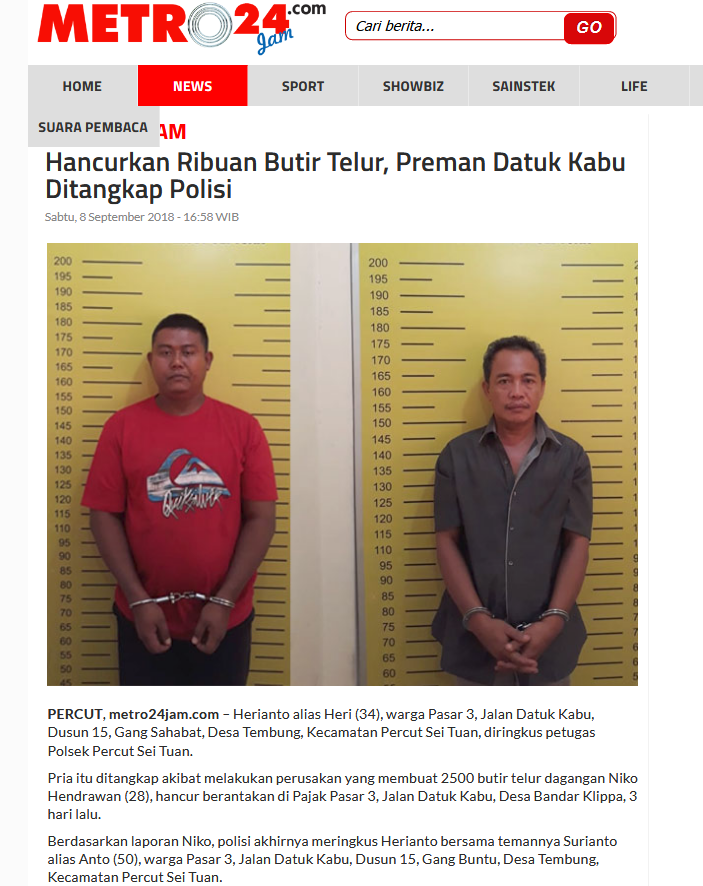 Hancurkan Ribuan Butir Telur, Preman Datuk Kabu Ditangkap Polisi