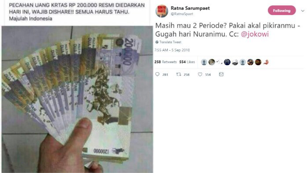 BI Tegaskan Postingan Ratna Sarumpaet Adalah Hoax soal Uang Kertas Nominal Rp200 Ribu