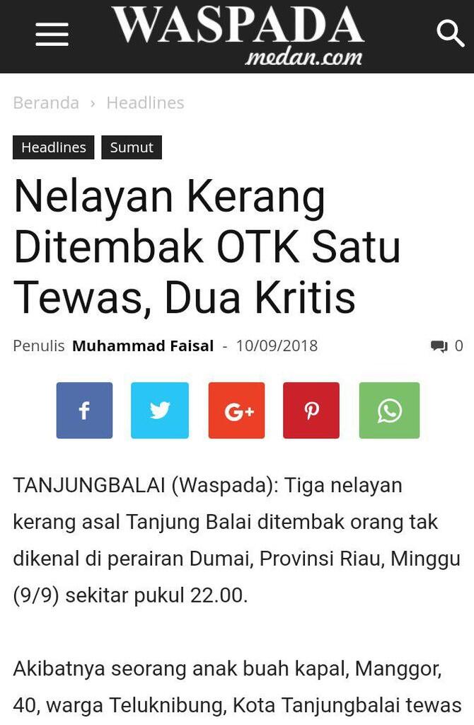 Seorang Tewas Curi Kerang Nelayan Tanjung Balai Ditembak