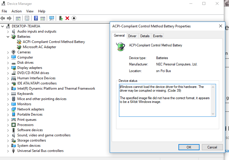 Microsoft acpi compliant control method battery