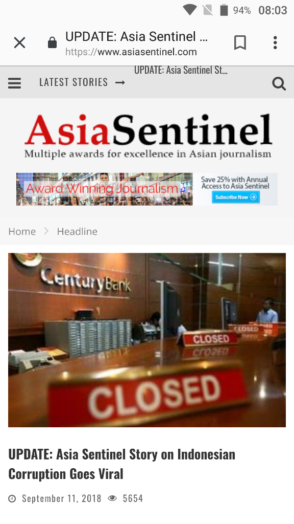 UPDATE: Asia Sentinel Story on Indonesian Corruption Goes Viral