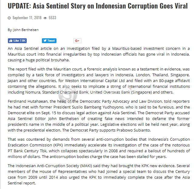 Setelah Heboh dan Sempat Hilang, Kini Artikel Asia Sentinel Berganti Judul