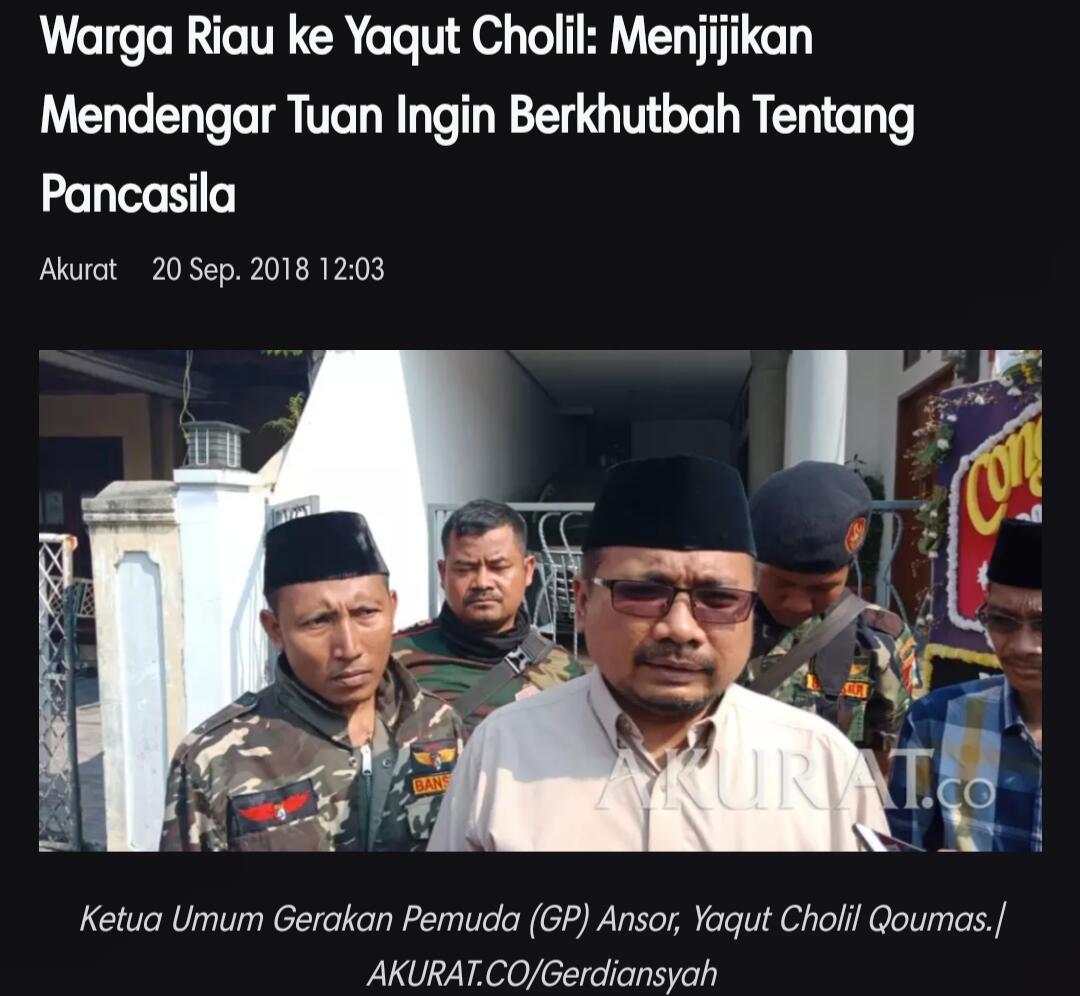 Warga Riau ke Yaqut Cholil: Menjijikan Mendengar Tuan Ingin Berkhutbah Ttg Pancasila