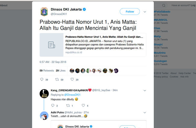 Twitter Dinsos DKI Posting Berita 2014, Prabowo-Hatta Nomor Urut 1