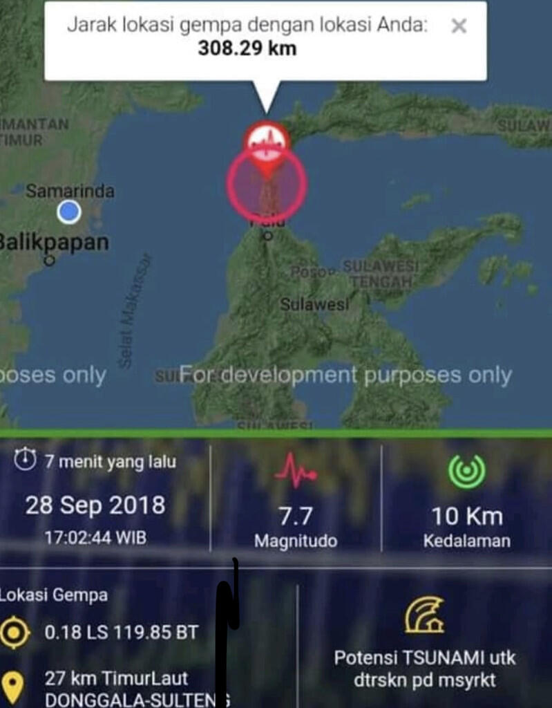 Gempa Susulan 7.7 Magnitudo di Donggala, Berpotensi Tsunami