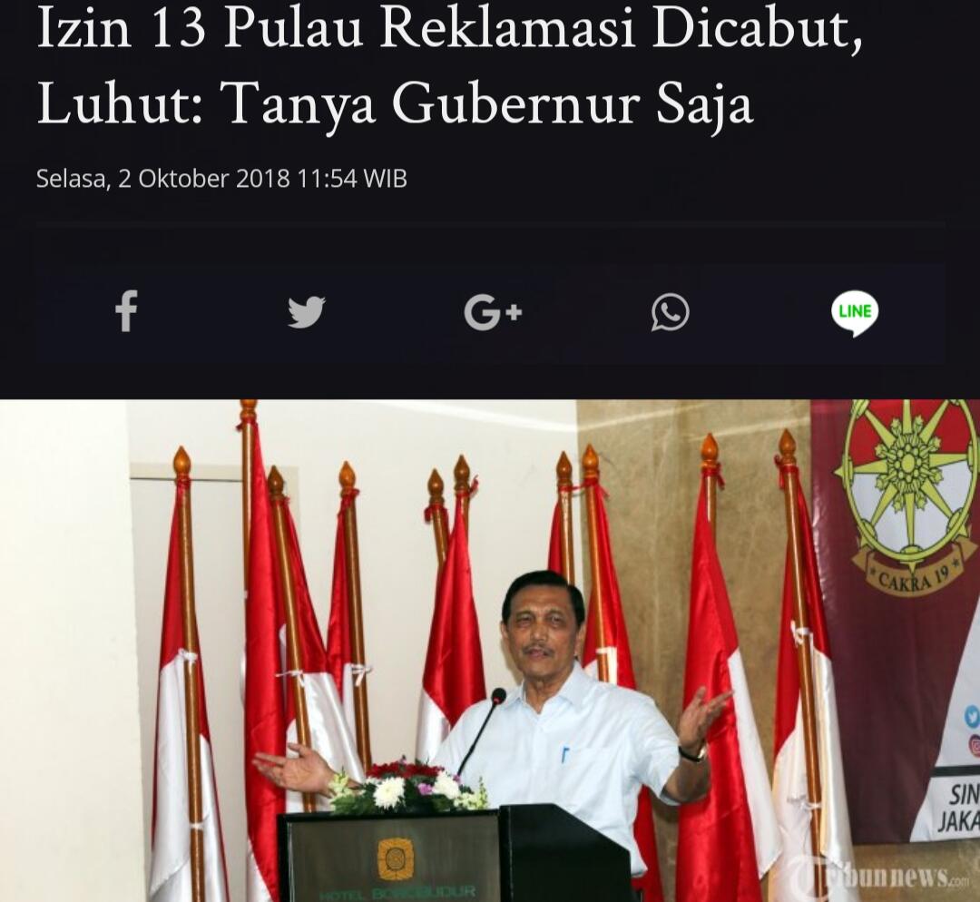 Izin 13 Pulau Reklamasi Dicabut, Luhut: Tanya Gubernur Saja