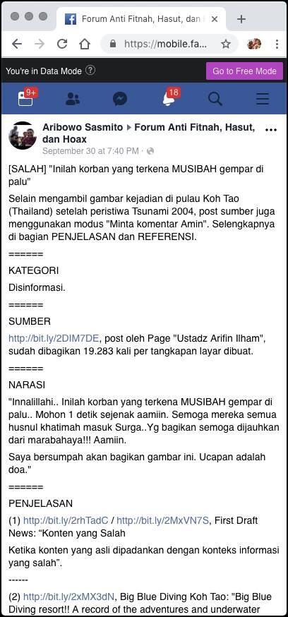 &#91;SALAH&#93; &quot;Kominfo Tebar Hoax Bahwa Foto FPI Bantu Gempa Palu Adalah Hoax&quot;