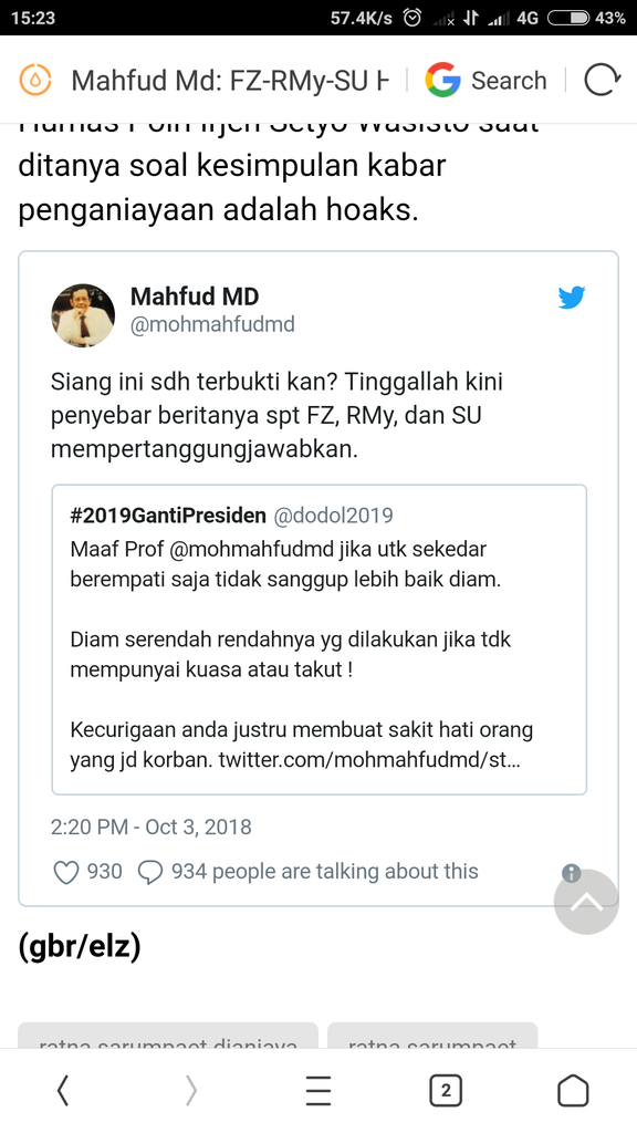 Mahfud Md: FZ-RMy-SU Harus Tanggung Jawab soal Berita Ratna Sarumpaet