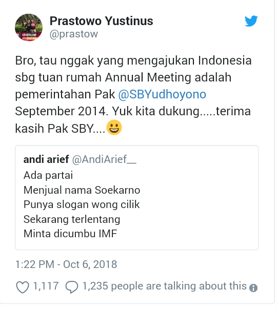 Dear Andi Arief, Pak SBY Lho yang Minta RI Tuan Rumah Pertemuan IMF-WB