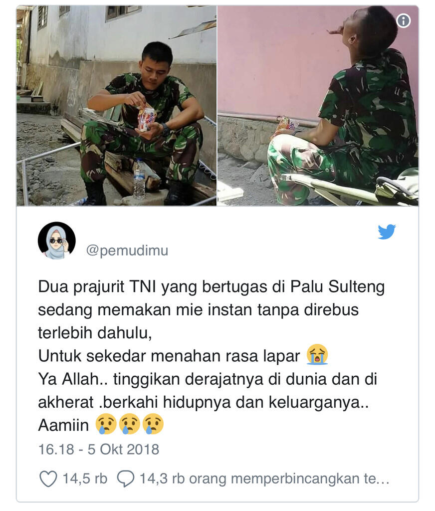 Demi Tahan Lapar, Potret Prajurit TNI di Palu Yang Makan Mi Instan Jadi Sorotan