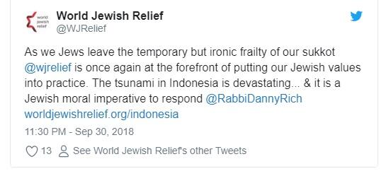 Komunitas Yahudi Galang Dana untuk Korban Gempa Palu-Donggala