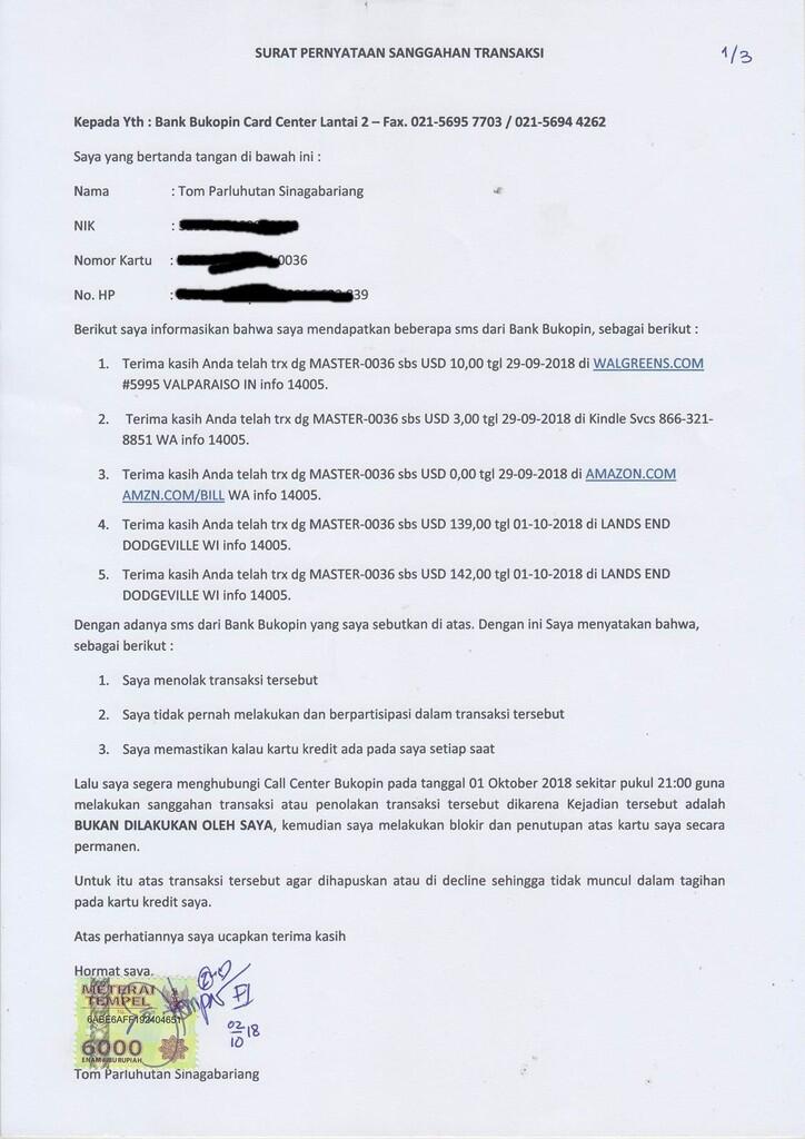 2 (Dua) Surat Sanggahan Transaksi Belum Ditanggapi Bank Bukopin Sudah 1 Tahun Lebih