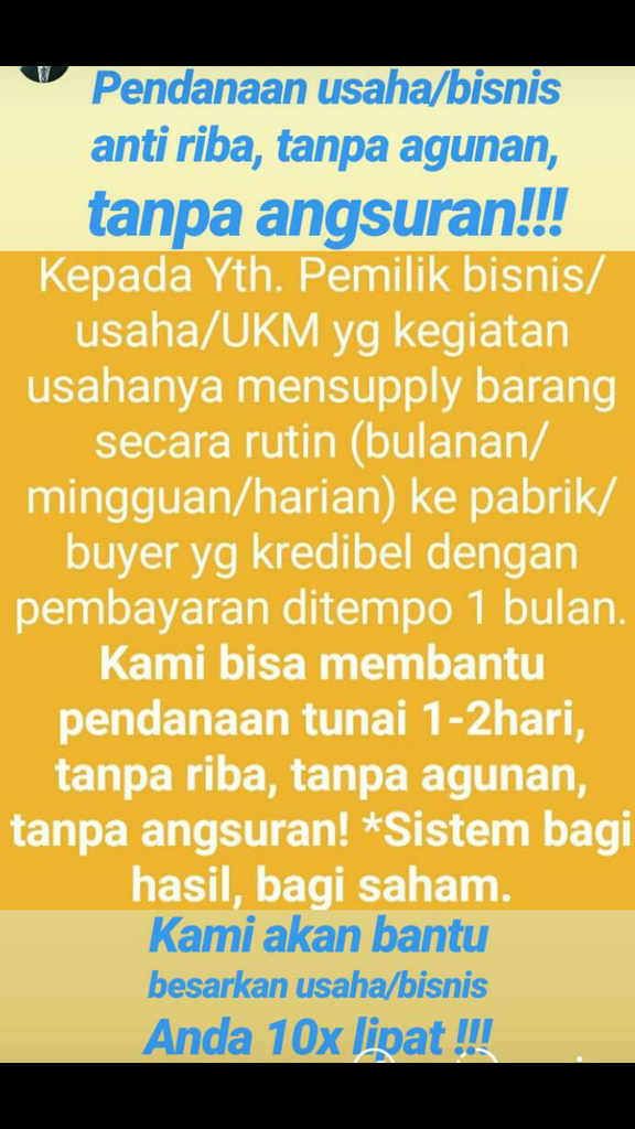 Pendanaan usaha/bisnis UNLIMITED ANTI RIBA khusus supplier/pemasok pabrik/perusahaan