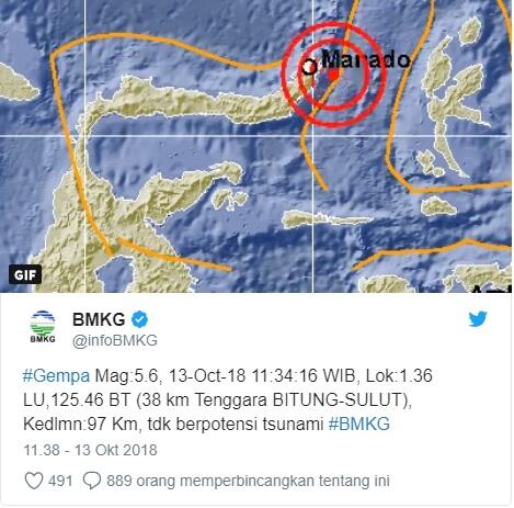 Sabtu, 13/10/2018,11:34 WIB: Gempa 5,6 SR Guncang Bitung, Manado dan Minahasa Utara