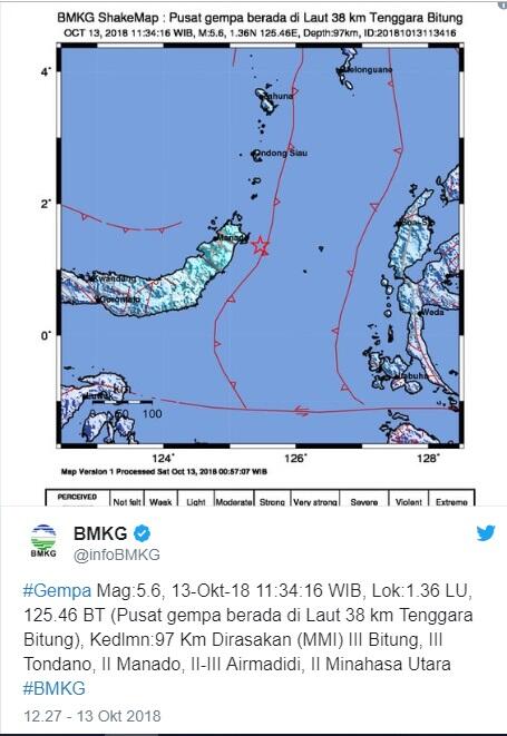 Sabtu, 13/10/2018,11:34 WIB: Gempa 5,6 SR Guncang Bitung, Manado dan Minahasa Utara