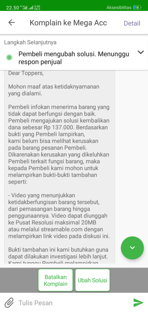 Pengalaman Komplain di tokopedia