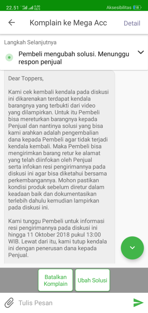 Pengalaman Komplain di tokopedia