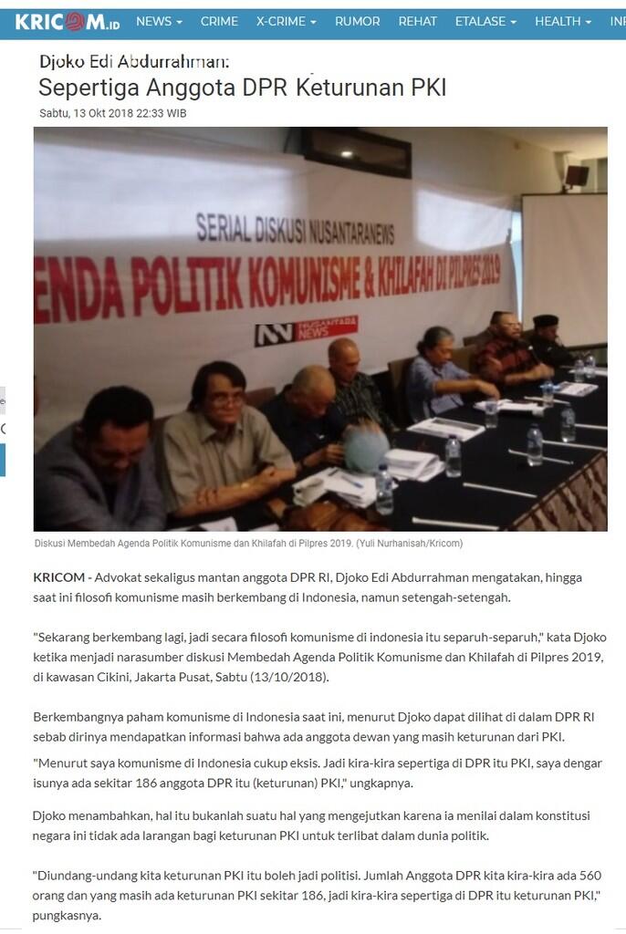 Djoko Edi: Sepertiga DPR itu Keturunan PKI ...