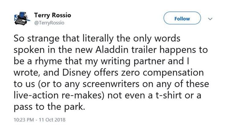 Penulis Film Original Aladdin tidak dapat ROYALTY dari live-action remake Aladdin