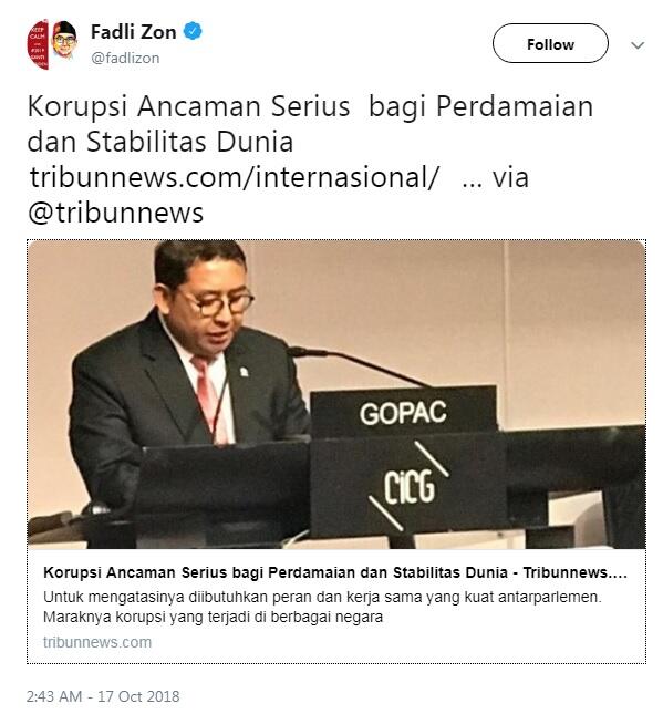 Fadli Zon : Korupsi Menjadi Ancaman Serius Perdamaian dan Stabilitas Dunia