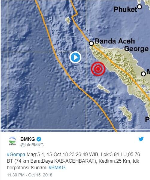 Gempa Bumi Hari Ini 5,4 SR Terjadi di Aceh, Tak Berpotensi Tsunami