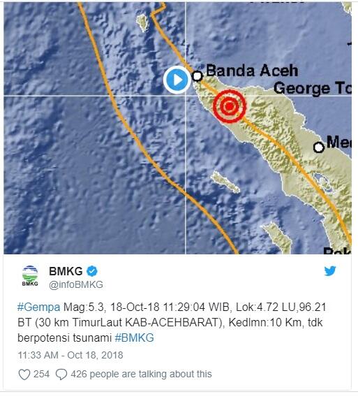 Gempa Bumi Hari Ini 5,4 SR Terjadi di Aceh, Tak Berpotensi Tsunami