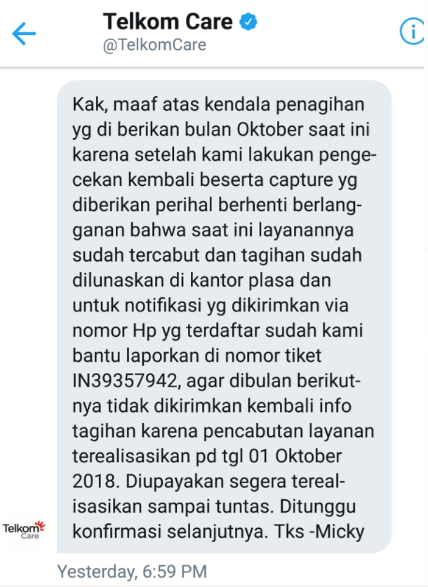 telkom indihome tetap menagih tagihan walaupun sudah dilakukan pelunasan