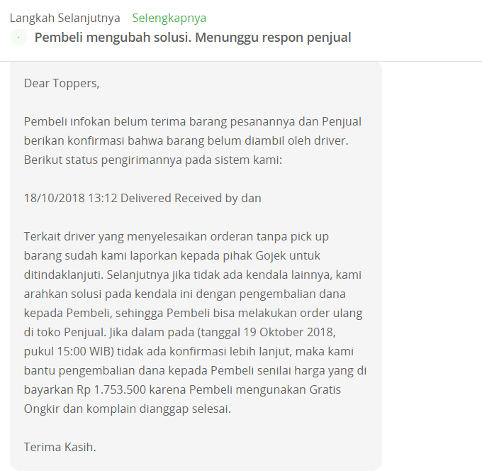 GOJEK DRIVER BERMASALAH PADA TRANSAKSI TOKOPEDIA