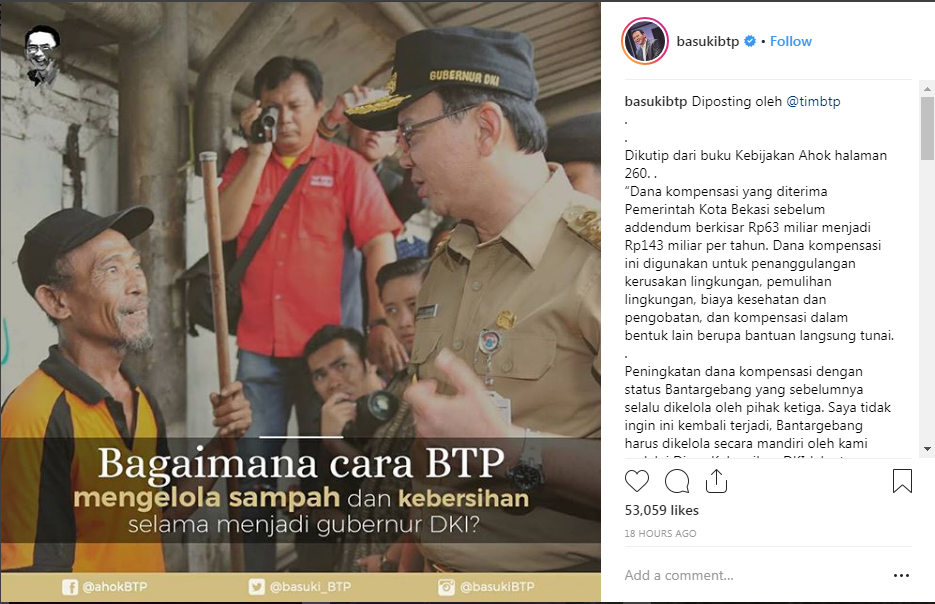 Lewat Instagram, Ahok &lsquo;Komentar&rsquo; Soal Bantargebang