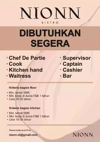 Dicari staff untuk RESTORAN di Kelapa Gading !!