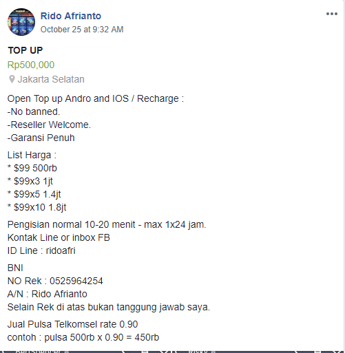 PENIPU JASA TOP UP GAME RIDO AFRIANTO, REK BNI 0525964254