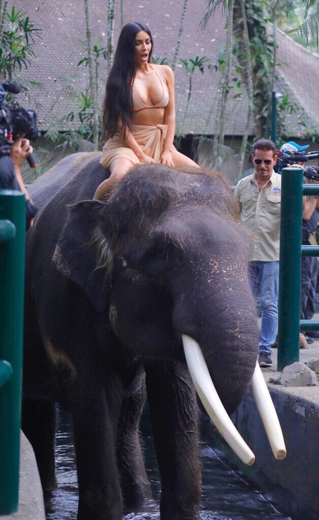 Gaya Seksi Kim Kardashian Berbikini Saat Menunggangi Gajah di Bali