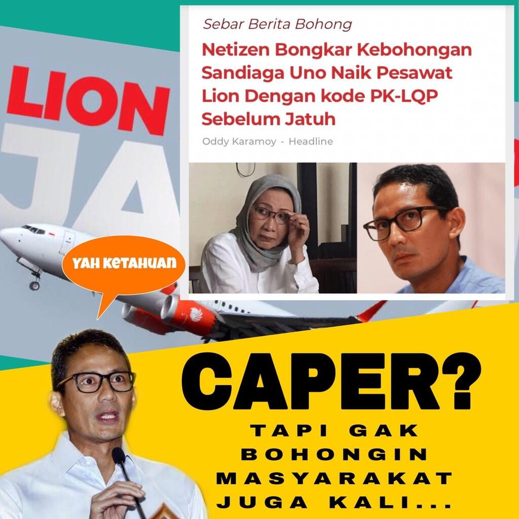 Cawapres Sandiaga Uno Manfaatkan Hoax Jatuhnya Lion Air JT 610 untuk Tuai Popularitas