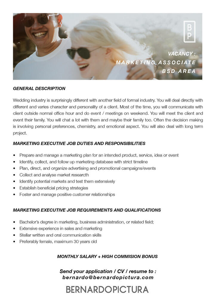 Lowongan Kerja Marketing Associate Wedding (Gaji + Komisi) Wilayah BSD, Serpong