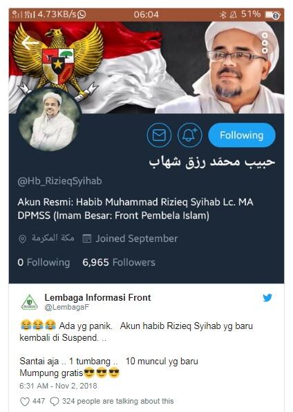 Akun Twitter Habib Rizieq Diblokir