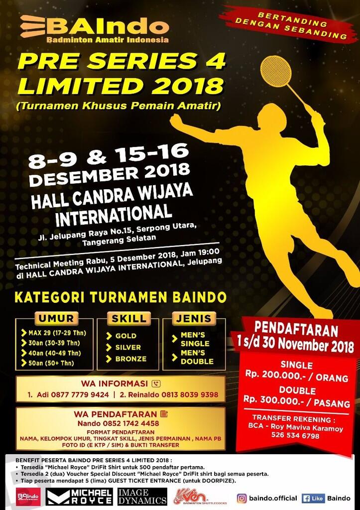 TURNAMEN BADMINTON AMATIR - BAINDO PRE SERIES 4 LIMITED!!!