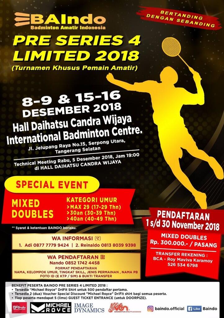 TURNAMEN BADMINTON AMATIR - BAINDO PRE SERIES 4 LIMITED!!!
