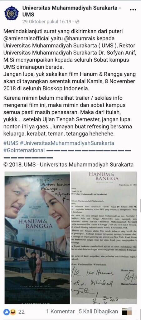 Sempat Viral, Postingan UMS soal Ajakan Nonton 'Hanum &amp; Rangga' Dihapus