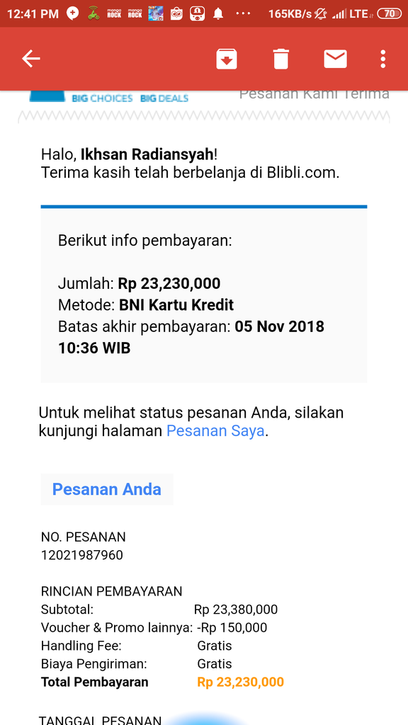 Kecewa terhadap Blibli.com atas pembelian sepeda motor 