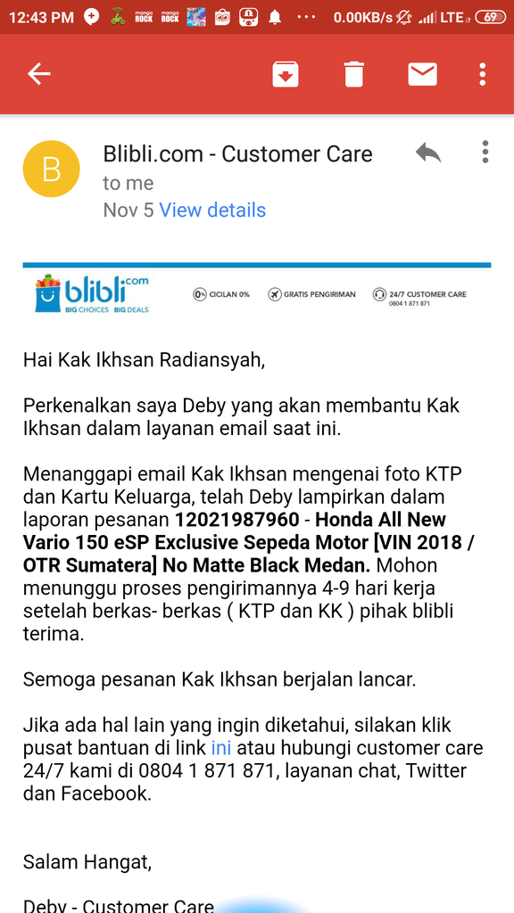 Kecewa terhadap Blibli.com atas pembelian sepeda motor 